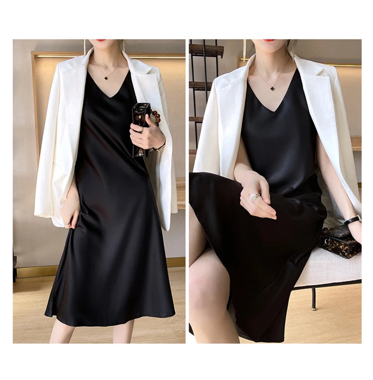 LHZSYY Silk Satin Front/Back V-neck Sling Dress Women's Sleeveless Waistcoat Top Spring Summer New Mulberry Silk Hip Long Skirts