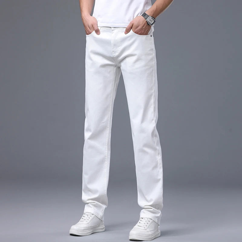 Men's White Jeans Fashionable Straight Business Casual Stretch Denim Pants Classic Fit Solid Color Comfortable All Season Pants