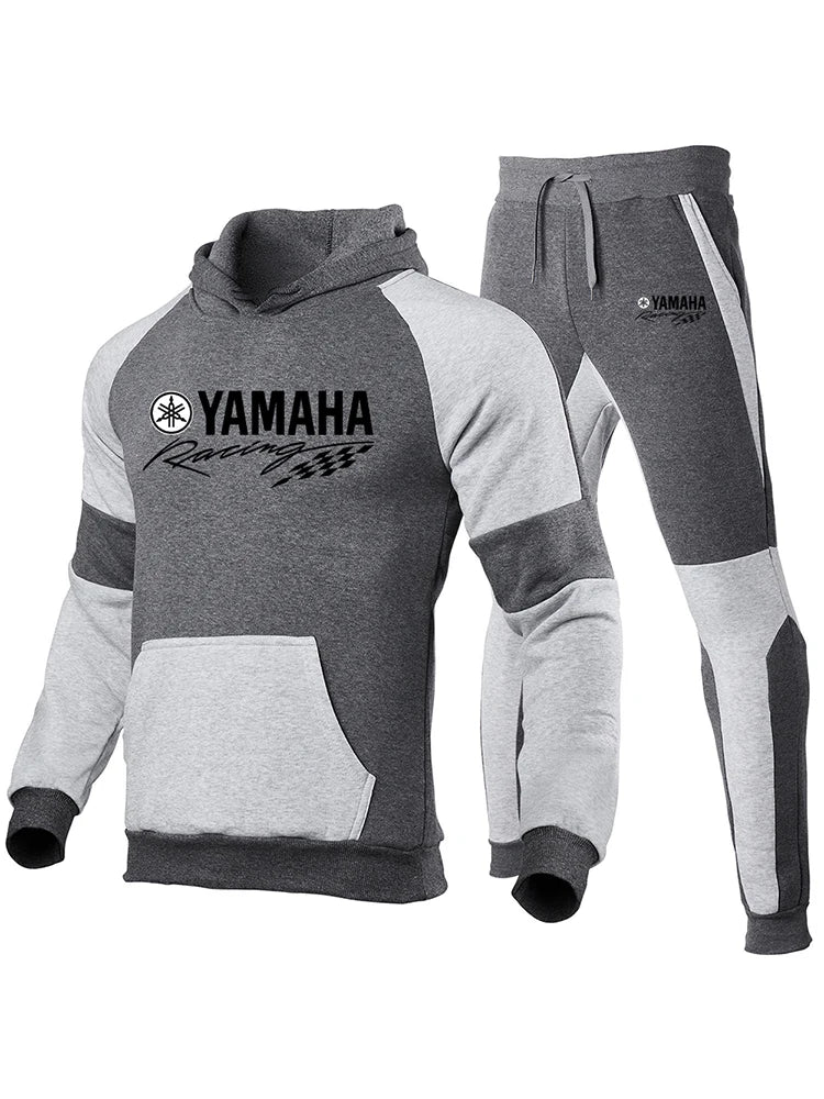 2025 New Yamaha Men's High Quality Splicing Hoodie Sportswear Cotton Top and Pants Sports Running Two Piece Set