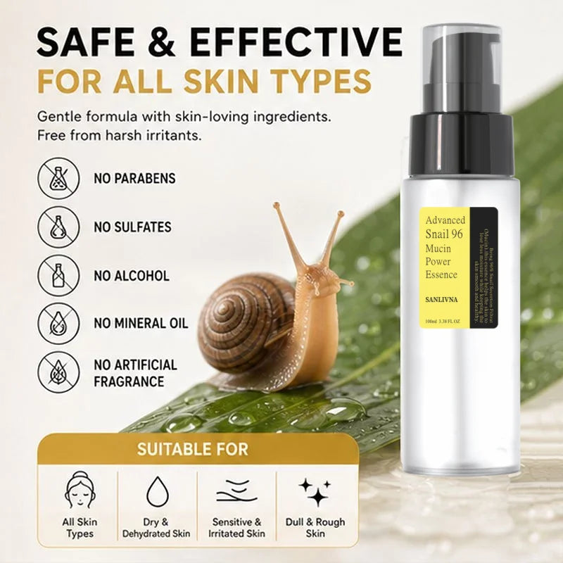 SANLIVNA Snail 96 Mucin Power Essence 100ml Facial Deep Hydrating Brightening Anti-Aging Serum,for Dull Skin Korean Face Care