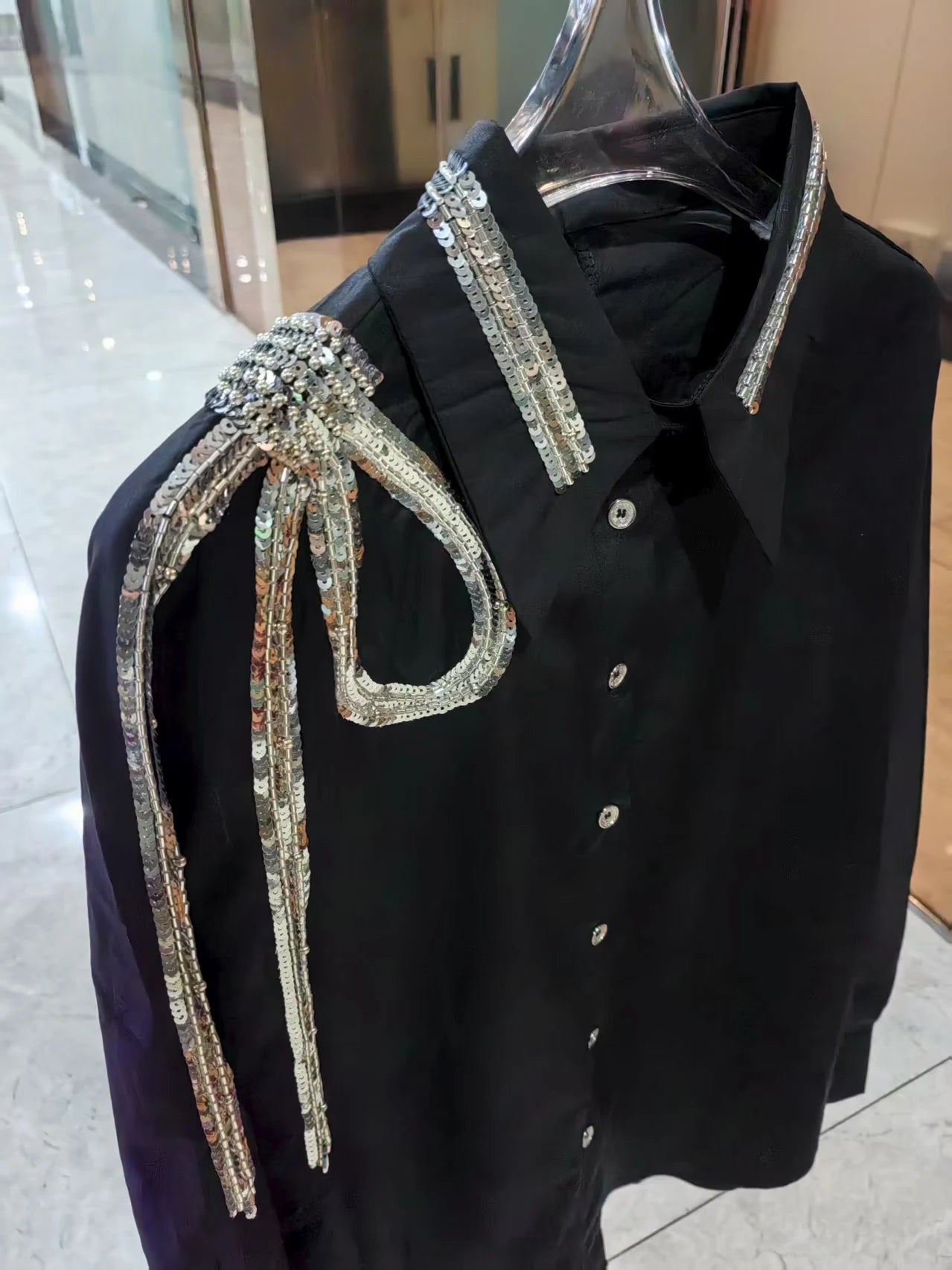 Luxury Brand Design Sequins Embroidery Cotton Blouses Shirts Women for 2025 Autumn Trend Long Sleeve Blue Tops Woman Clothes