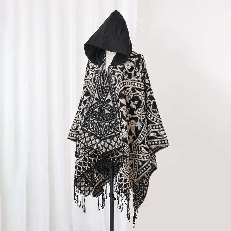 2025 New Men's Imitation Wool Cape Shawl Cross-border Hot Selling Hooded Woven Slit Cape Autumn and Winter Poncho Cloak P8