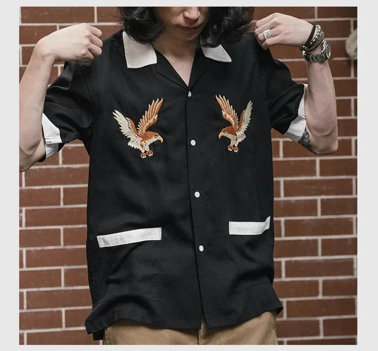 Non Stock Old Fashioned Embroidery Camp Shirt Vintage Lightweight Men's Bowling Shirt