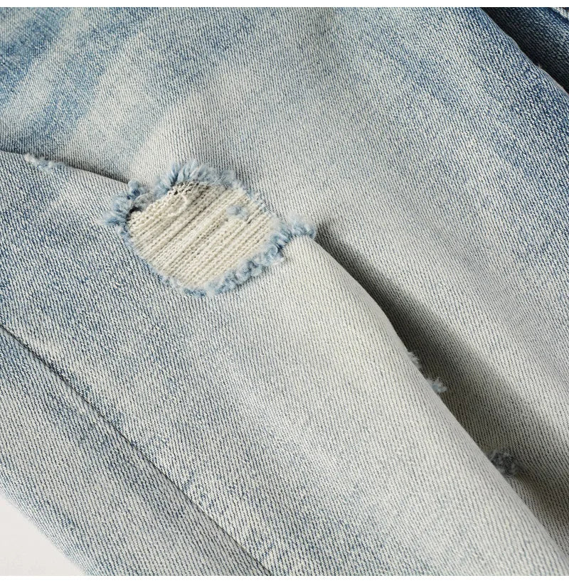 Men Paisley Bandana Print Patch Jeans Streetwear High Stretch Denim Pants Holes Ripped Patchwork Skinny Tapered Trousers