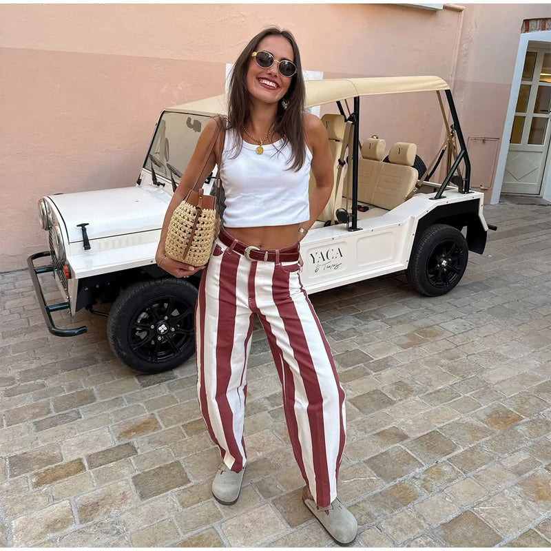 Women‘s Colorful Striped Pant New Summer Straight Multicolor Wide Leg Long Pants Casual Fashion Streetwear Female Outfit 2026