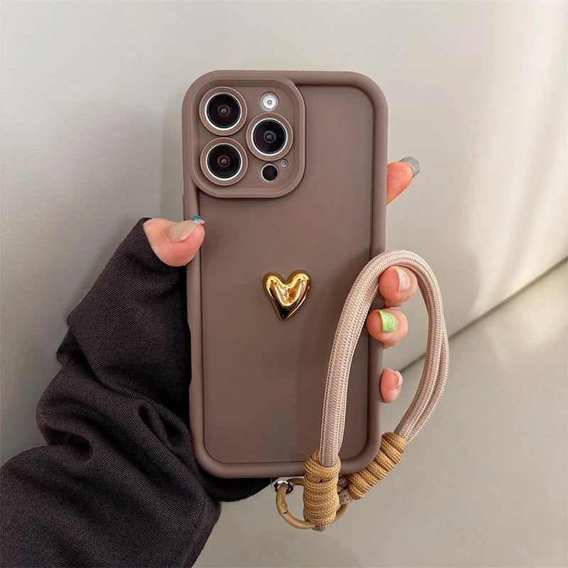 Cute Korean 3D Golden Love Heart Soft Case For iPhone 16 17 18 Pro Max 15 14 13 12 11 Pro 7 8 Plus Wrist Chain Hang Strap Cover
