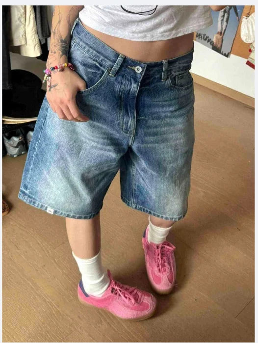 Women Denim Shorts Classic Denim Shorts Women's High Waisted  Jean Shorts Wide Leg Baggy Denim Jorts with Pockets Knee