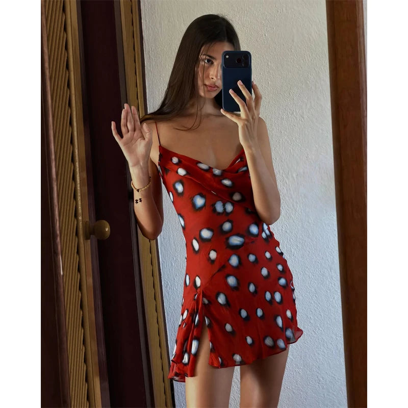 Women Two Tone Dot Print Long Sleeve Split Midi Dress Y2K Deep V Drawstring Slim Mermaid Skirt 2026 Street Club Party Outfit