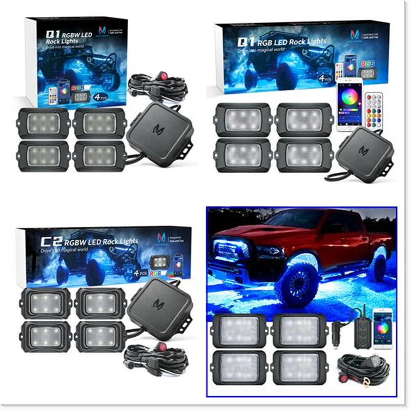 MICTUNING RGBW LED Rock Lights with Bluetooth Controller, Timing Function, Music Mode - C1 4Pods Multicolor Neon LED Light Kit