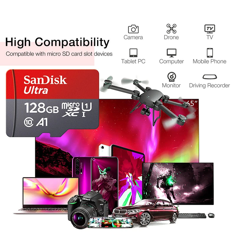 Sandisk Memory Card 256GB 128GB 64GB 32GB TF Micro SD Card Class 10 UHS-1 Flash Card Memory for Smartphone PC+Card Reader