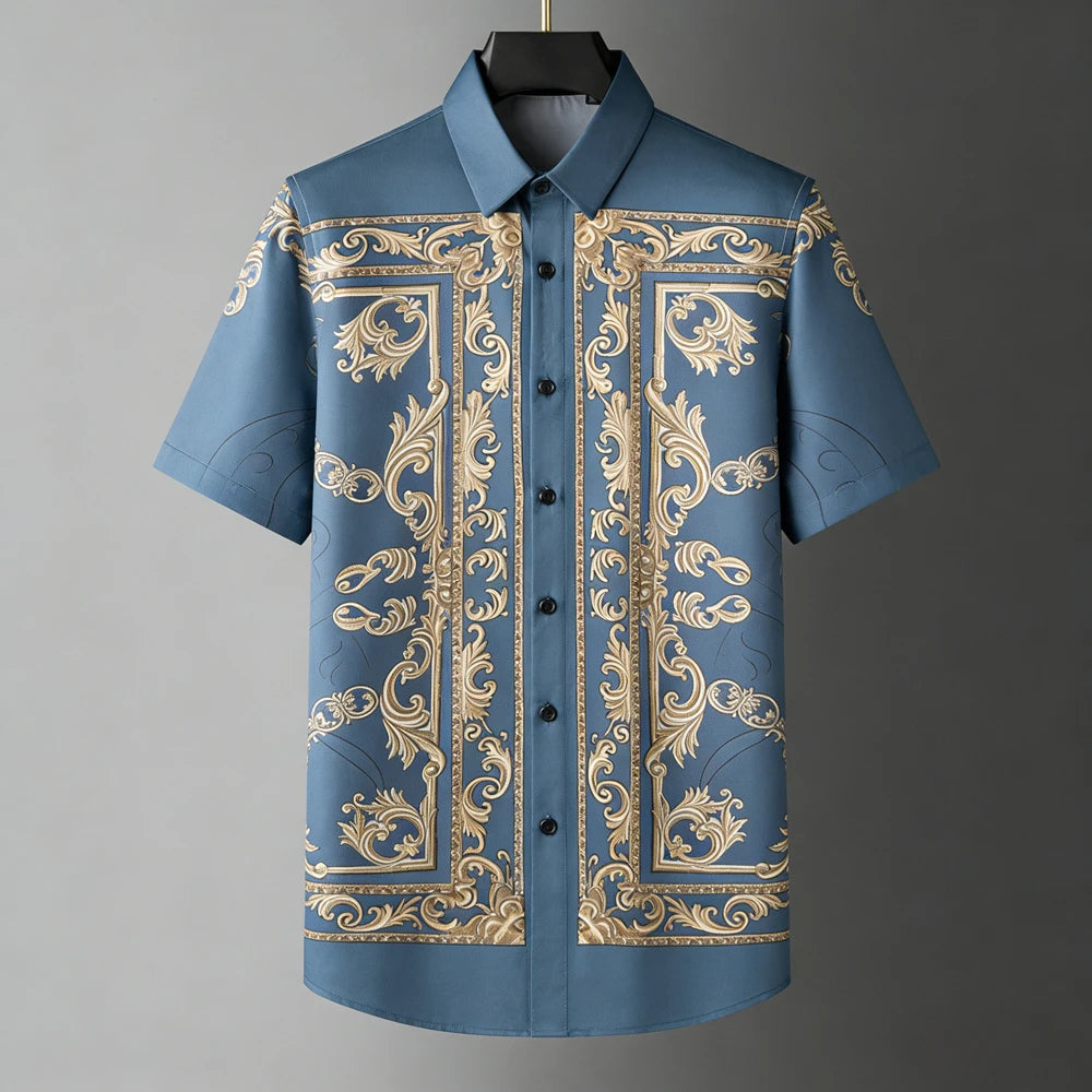 Fashion Men's Retro Soft Short Sleeve Shirt Gold Pattern Natural 3D Printed Shirt Men's Clothing Casual Party Tops
