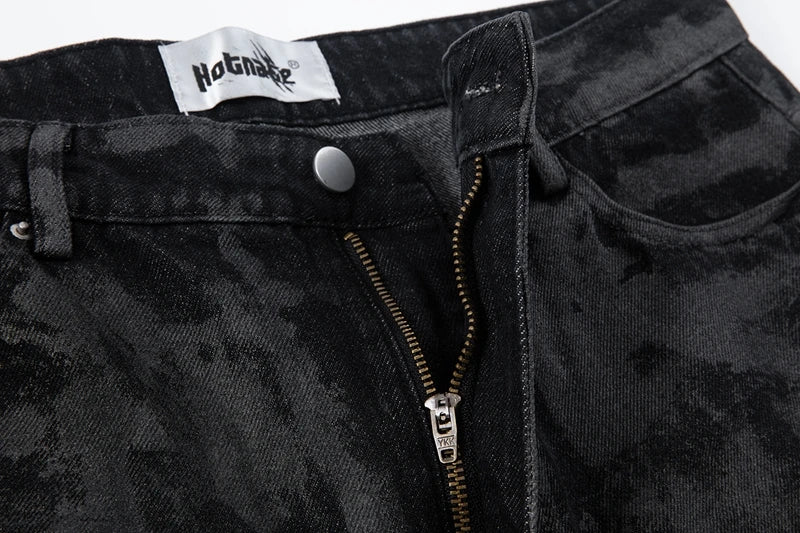 Men's Tie Dye Flared Denim Jeans Washed Handmade Brushed Wax Coating Casual Jean Pants Y2k Streetwear Slim Fit Bootcut Pants