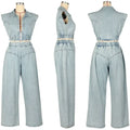 Streetwear Denim Sets Women 2 Piece Outfit 2025 Jeans Zipper Turn-down Collar Cropped Top and Loose Wide Leg Pants Matching Sets