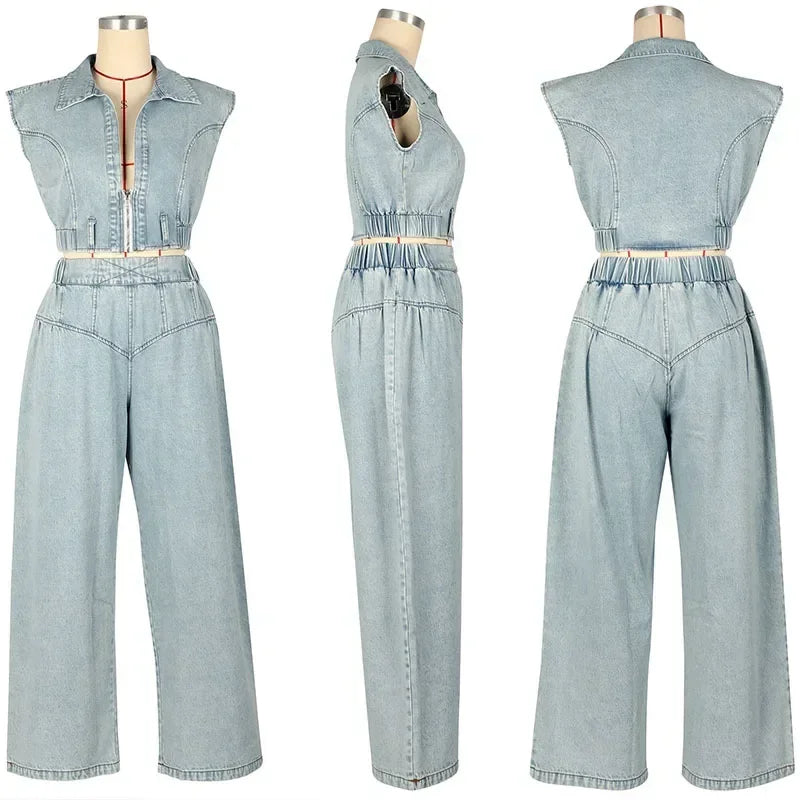 Streetwear Denim Sets Women 2 Piece Outfit 2025 Jeans Zipper Turn-down Collar Cropped Top and Loose Wide Leg Pants Matching Sets
