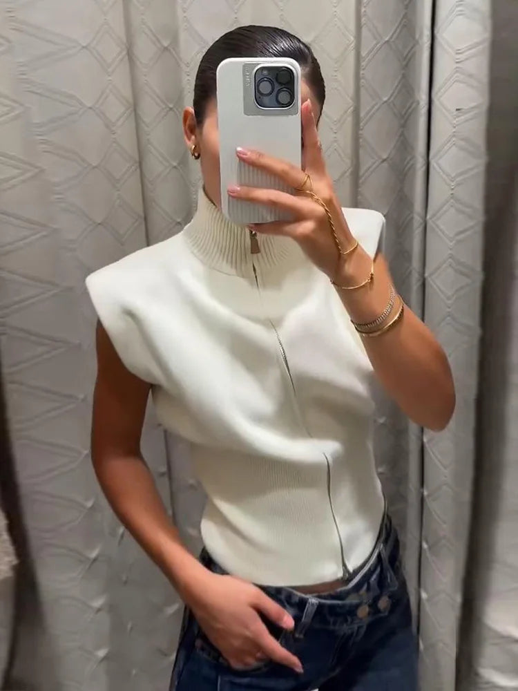 Sleeveless Padded Shoulder Women's Knitted Vest Half Turtleneck Double Zipper Cropped Slim Solid Knit Cardigan Street New Tops
