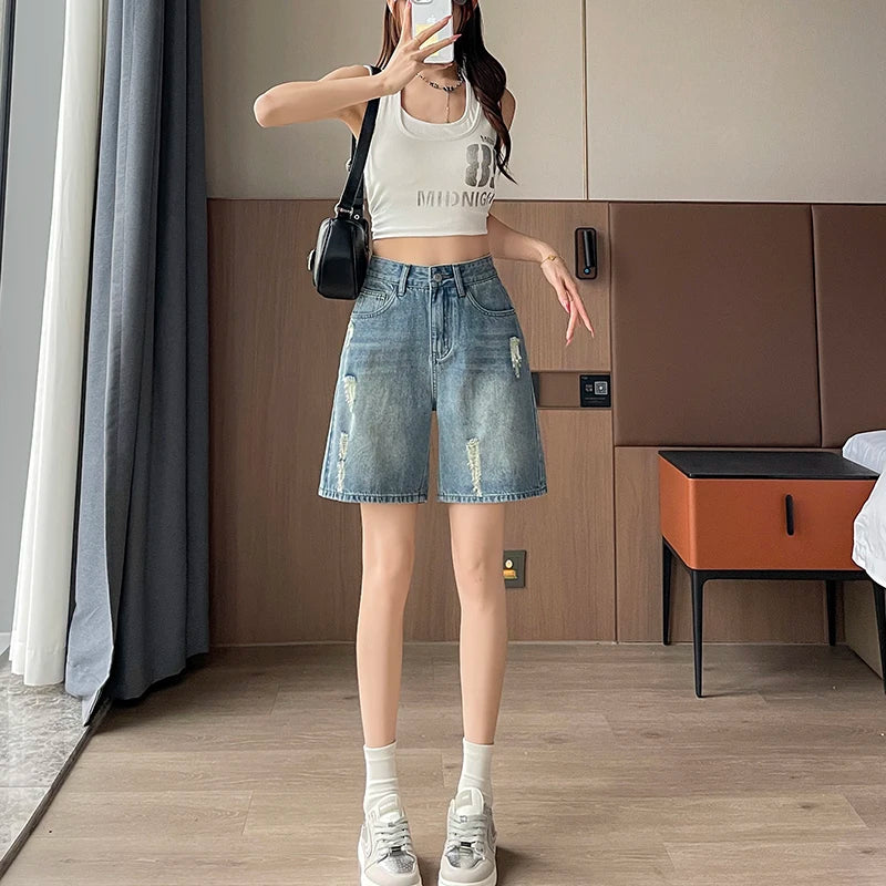 2026 Summer New Women Vintage Washed Ripped Denim Bermuda Shorts Loose Straight Five Points Casual Street Jeans