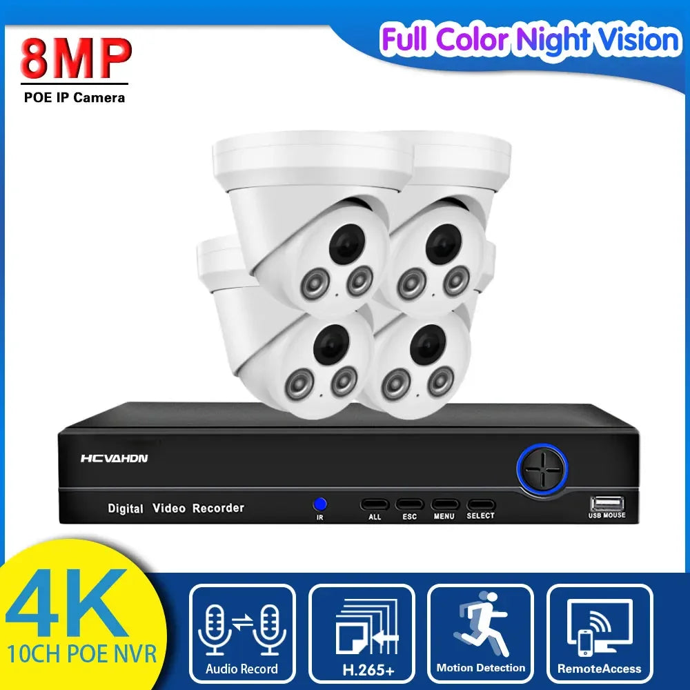 4K POE CCTV Camera Security System Kit Dome Outdoor Waterproof Color Night Vision IP Camera Video Surveillance System Kit 10CH