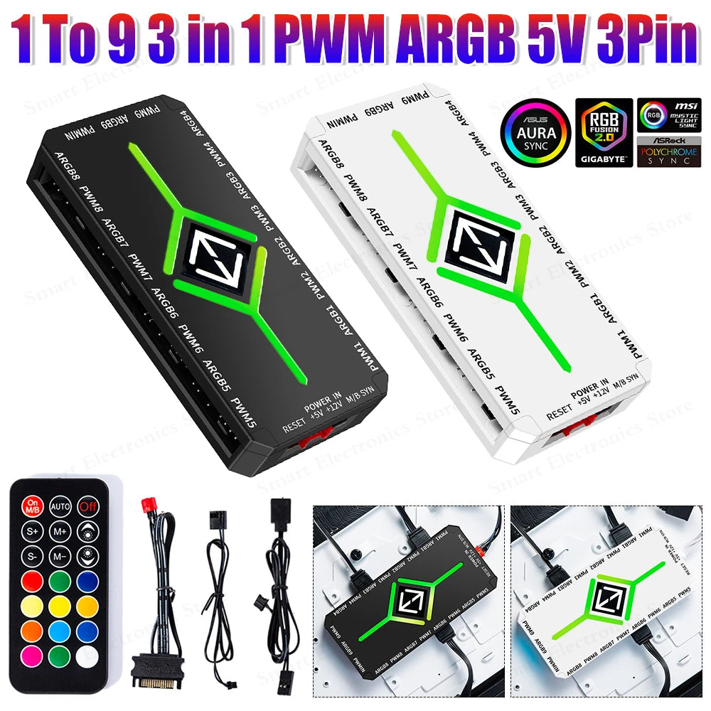1 To 9 Ports 3 in 1 4 Pin PWM Magnetic Suction Hub with Remote PWM Magnetic Fan Hub Splitter PWM & ARGB Hub Splitter for PC Case