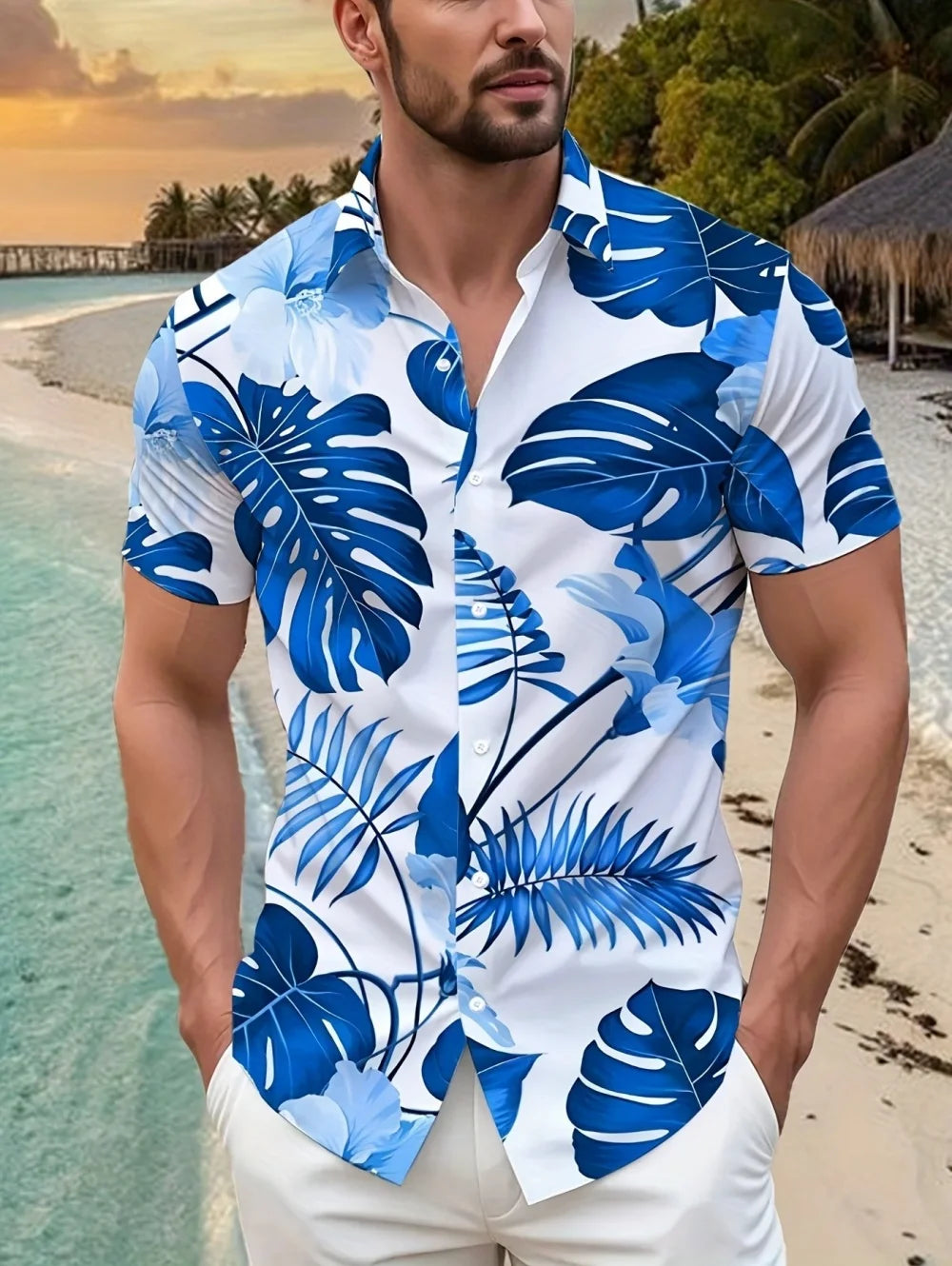 Men's Summer Hawaiian Tropical Leisure Flower Art Digital Printing Men's Single Breasted Short Sleeved Shirt Clothing