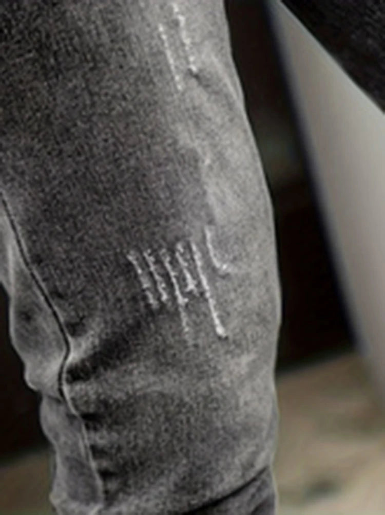 2025 Men's Slim Four-Season Washed Fashion Jeans Stretch Slim Fit Light Blue Gray Black Casual Denim Pants