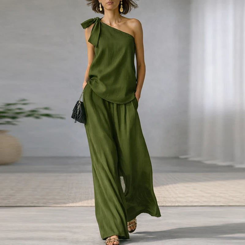 Elegant Lace Up Sleeveless T Shirts Vest High Waist Loose Pants Suit Women Casual Two Piece Set Fashion Holiday Outfits