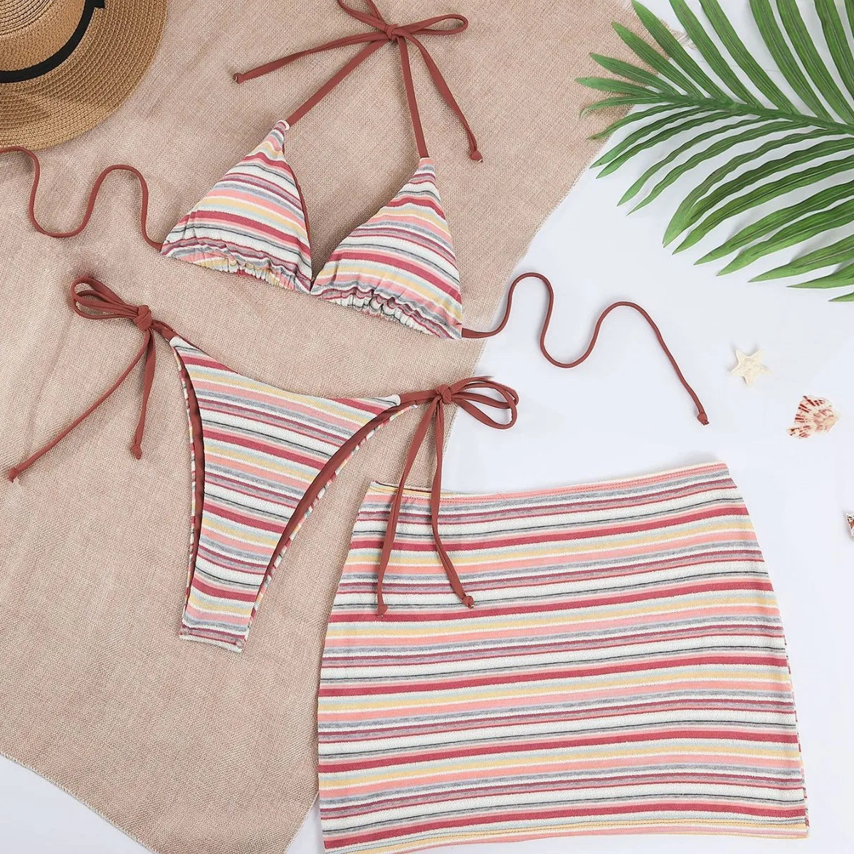 Women Retro Stripe 3 Piece Bikini Set Halter Tie Triangle Top Side Tie Swimsuits Mini Wrap Skirt Cover Up Beach Bathing Suit