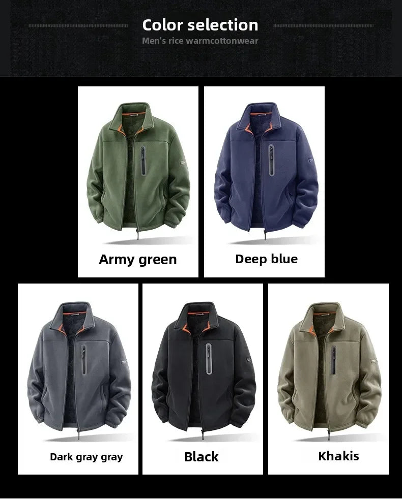 Winter Thickened Windproof Stand Collar Zipper Jacket for Men Casual Outdoor Fleece-Lined Coat Embroidered Men's Warm Jackets