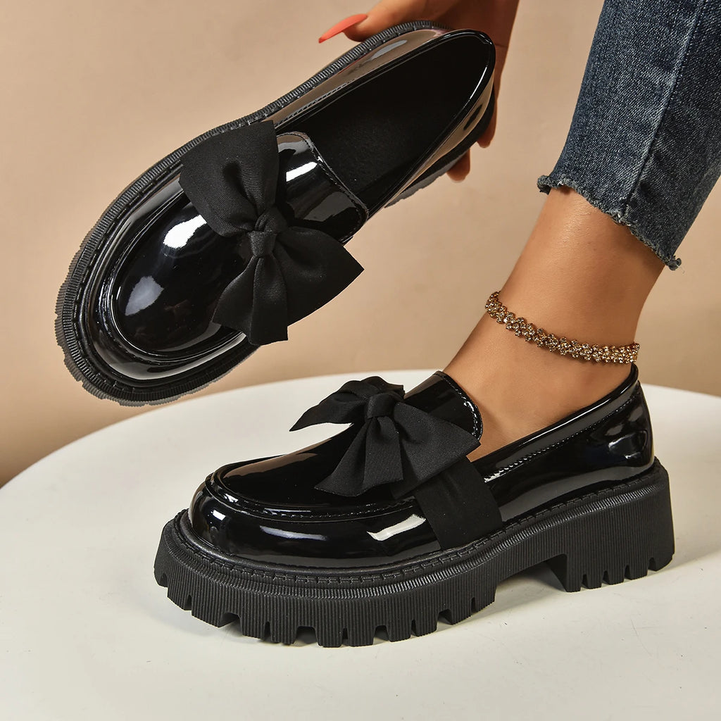 Women's British Style Loafers bowknot Chunky Heel Leather Flats Autumn Slip-On Shoes Versatile Work Shoes Platform Oxford 636