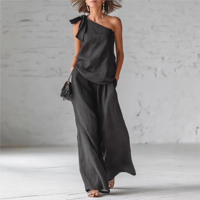 Casual Loose Summer Pants Set 2026 One Shoulder Single Strap Sleeveless Top+Wide Leg Pants Women's Casual Sportswear 2-piece Set
