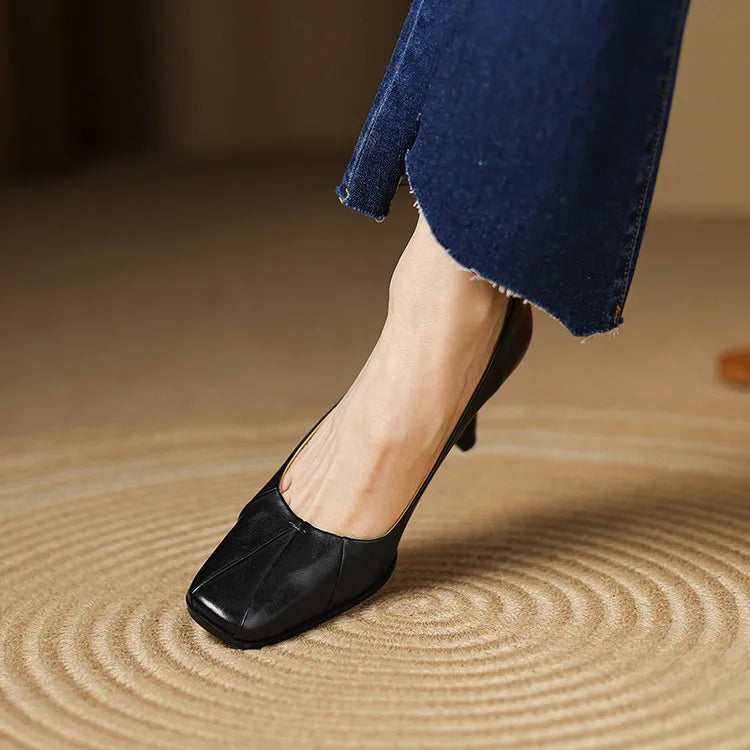 NEW Spring/Autumn Women Pumps Genuine Leather Shoes for Women Square Toe Thin Heel Shoes Concise Shallow High Heel Pleated Shoes