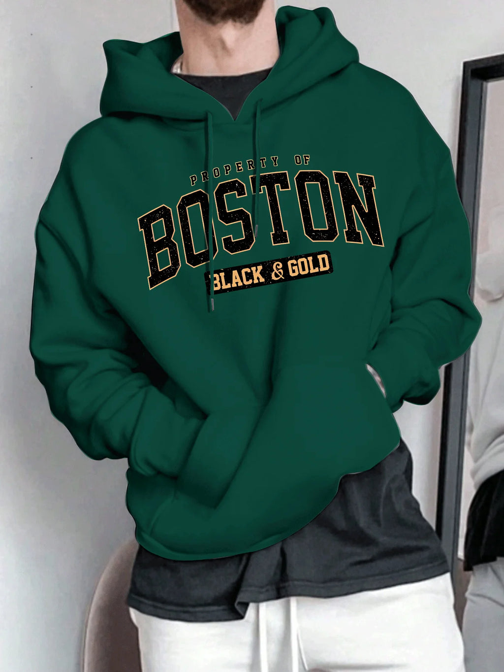 Men's Spring and Autumn Casual Warm Loose Fashion Boston Letter Pattern Printed Long Sleeve Round Neck Hoodie