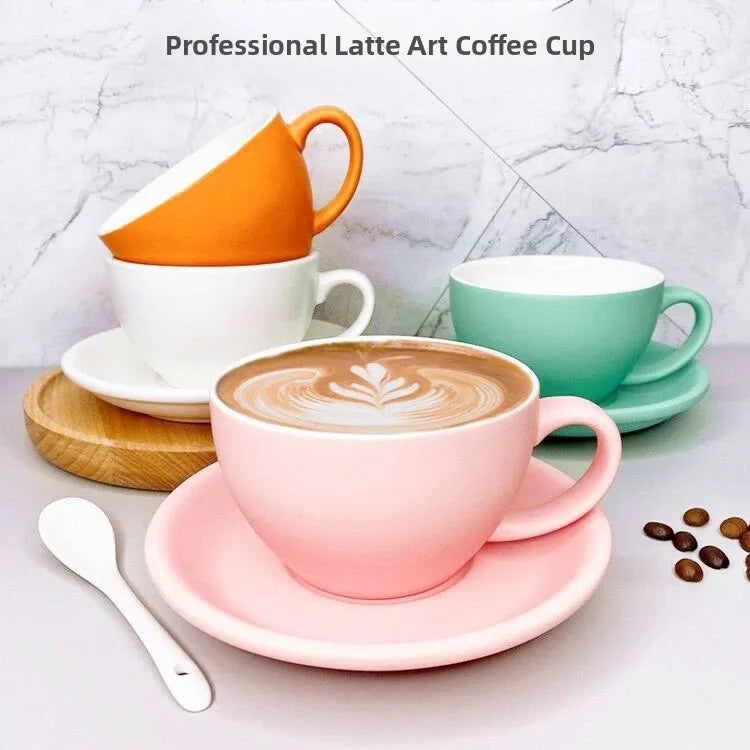 European Style Matte Latte Cup Ceramic Cappuccino Cup Large Mouth Coffee Cup Plate Set Handmade Craftsmanship 300ml