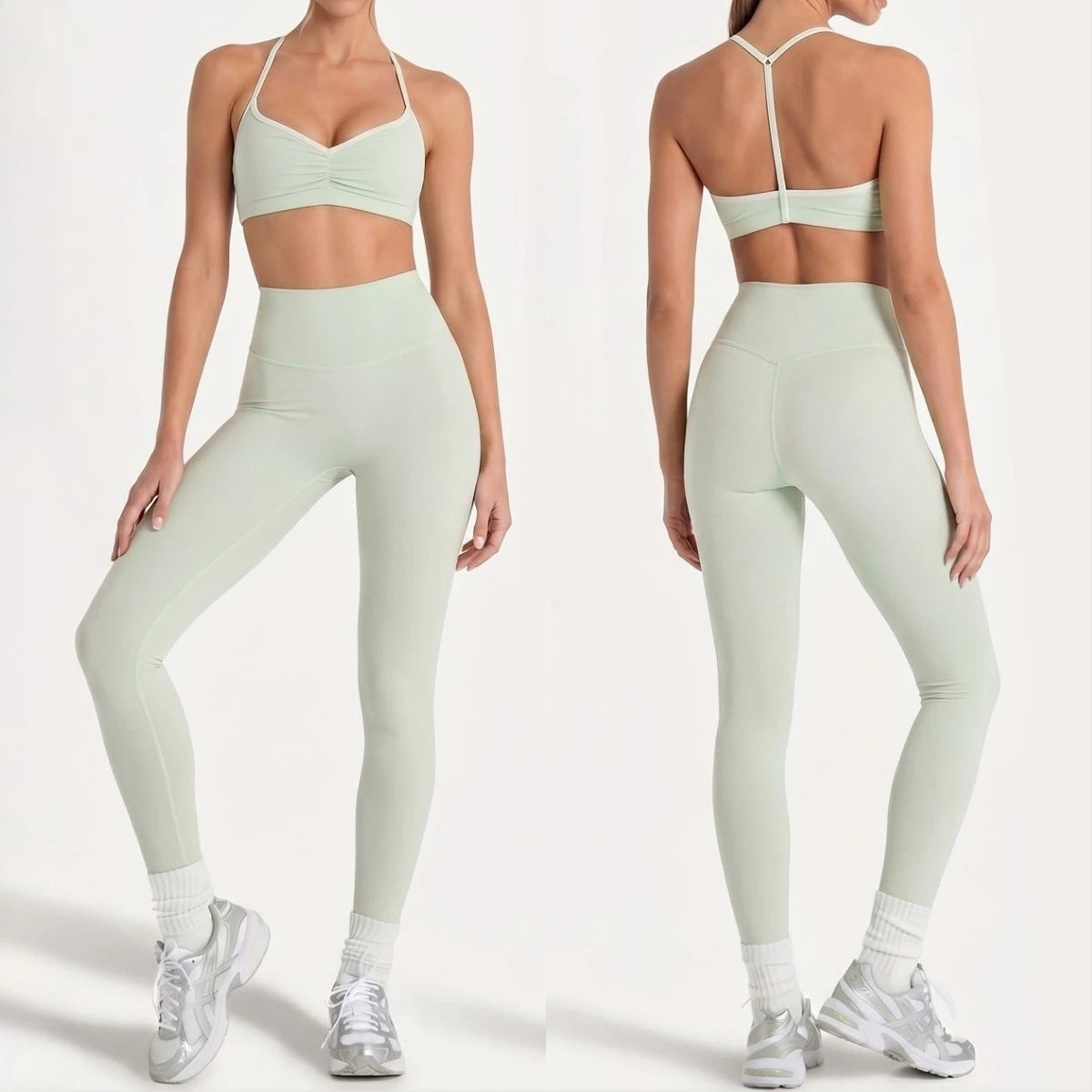 Women 2 Piece Yoga Set Ruched Front T Back Sports Bra High Waist Leggings Soft Stretchy Nude Fabric Gym Running Workout Outfit