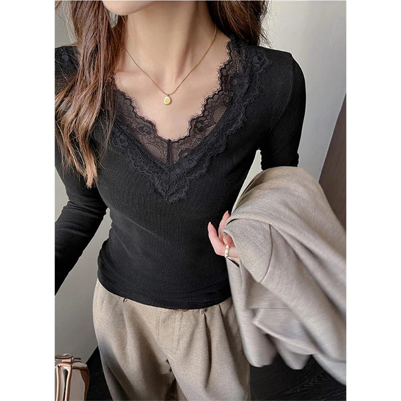 Sexy V-Neck Long Sleeve T-Shirt Women Fashion Lace Patchwork Solid Color Bottoming Shirt Spring Autumn Stretch Slimming Base Tee