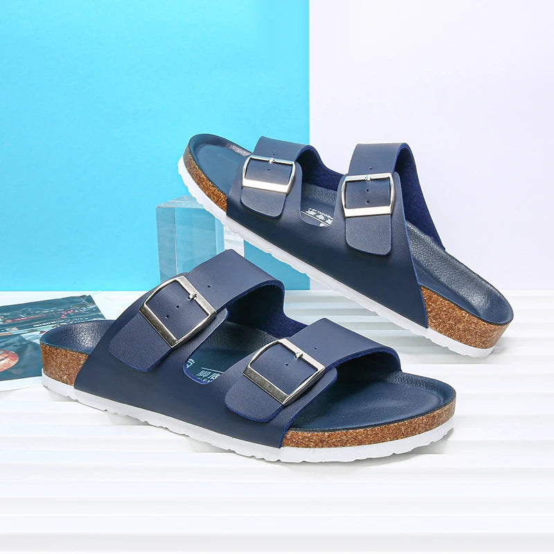 Summer Men Women Cork Slippers Clogs Microfiber Leather Slides Casual Slip On Sandal Double Buckle
