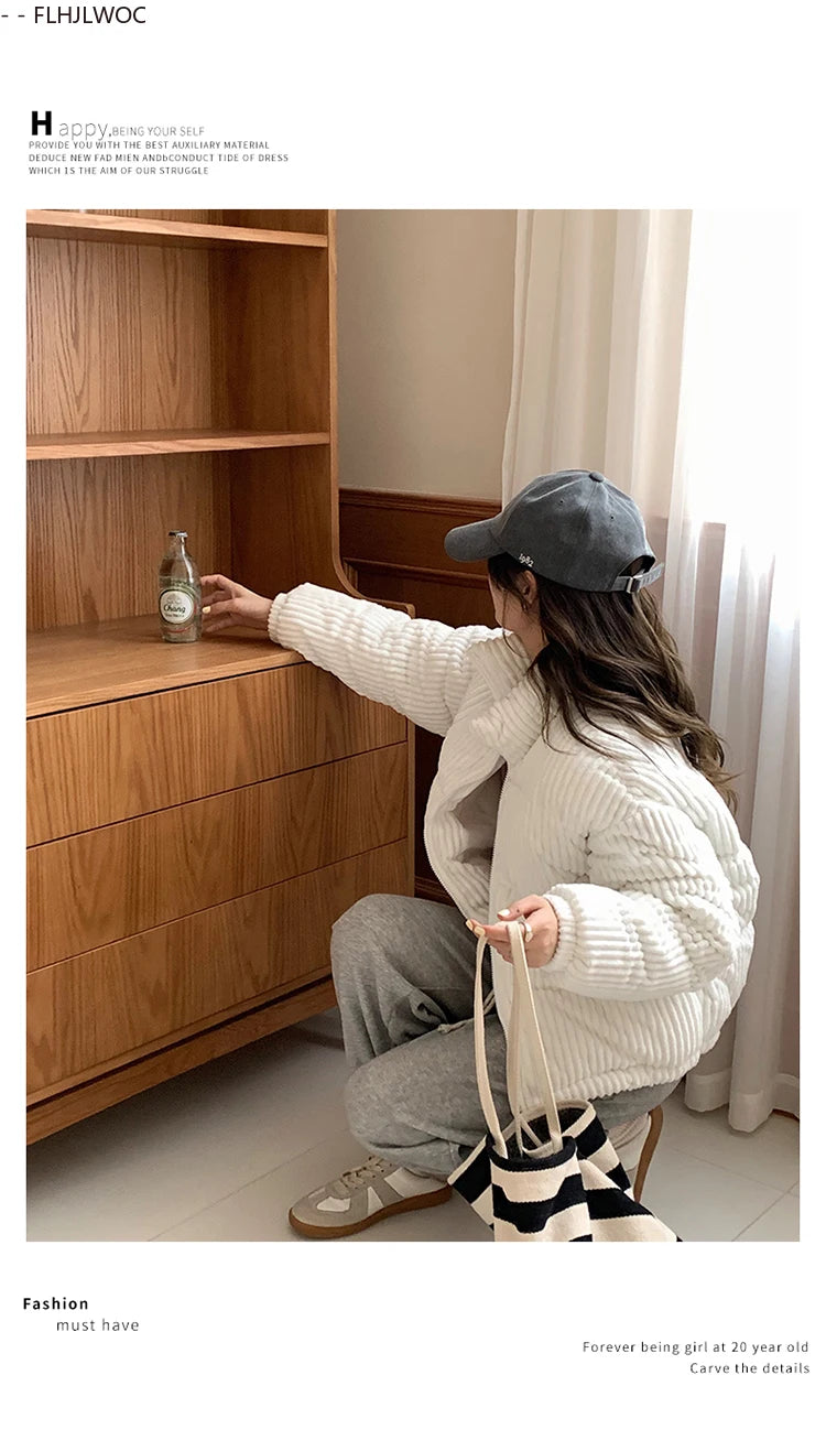 Corduroy Cotton 2025 Winter Turtleneck Warm Outerwear Coats Cake Korean Style Cute Girls Short Down Jacket Short Women Parkas