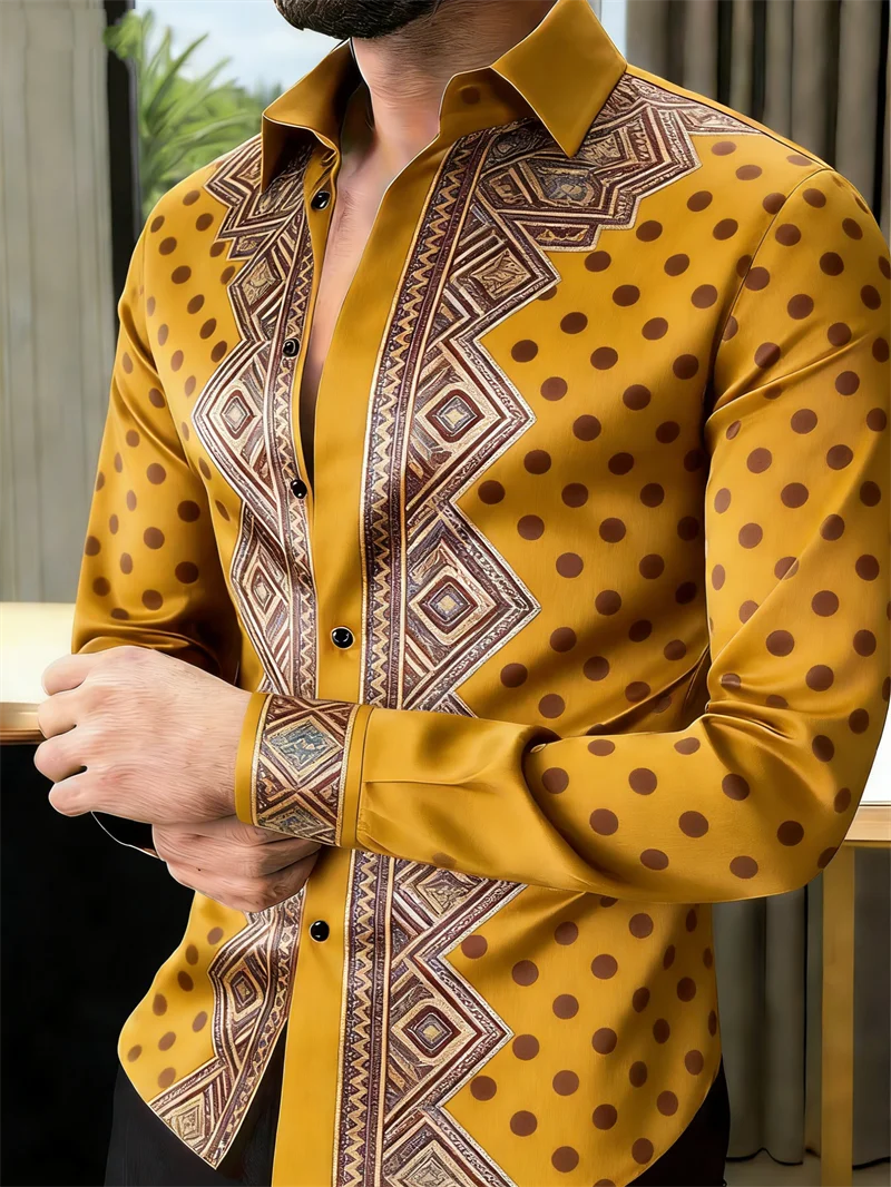 New 11 color men's long sleeved shirt with gold 3D printing, fashionable polka dot pattern, luxurious shirt style