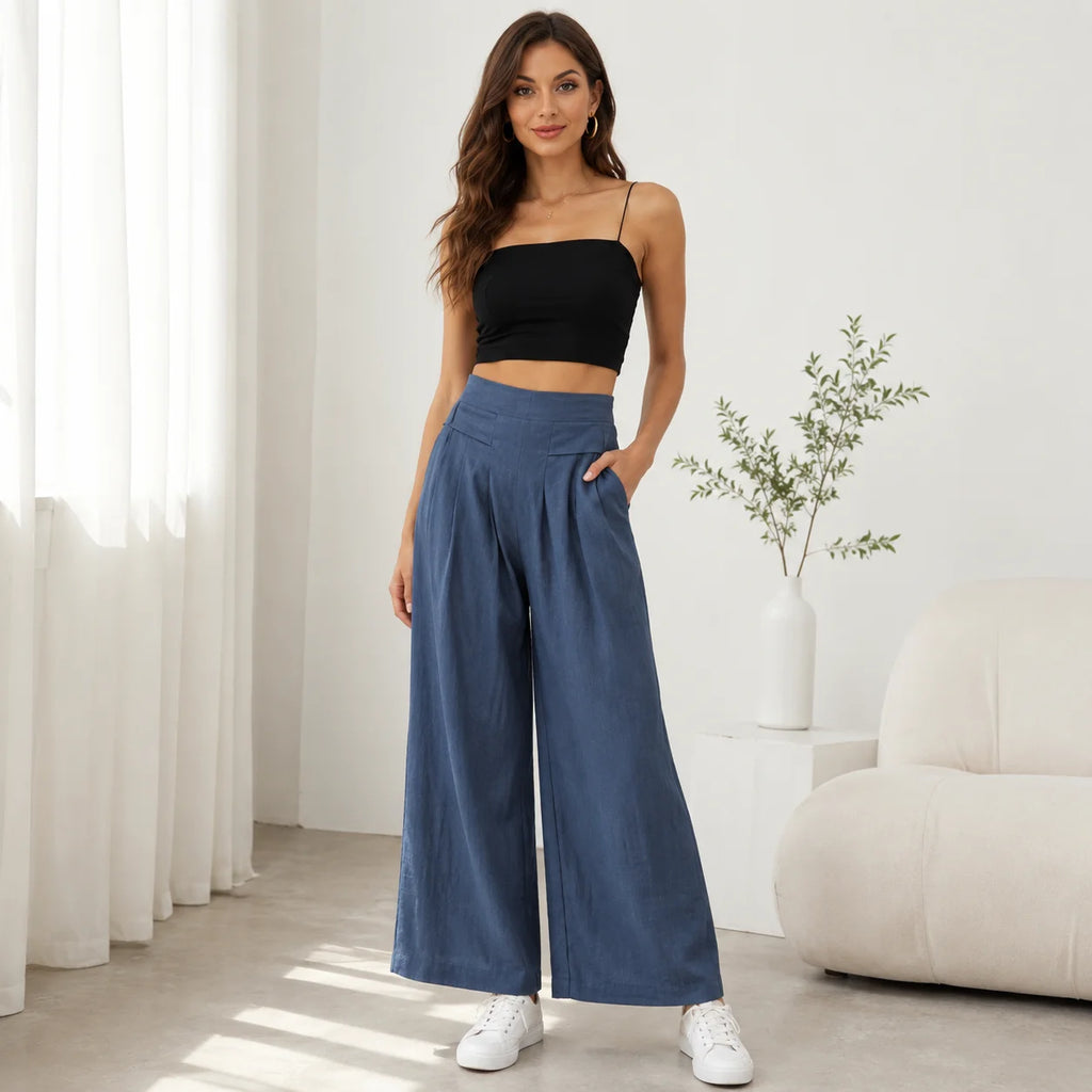 Summer Women Elastic High Waist Drawstring Solid Wide Leg Pants Loose Casual Flowy Pocket Trousers Female Daily Beach Long Pants