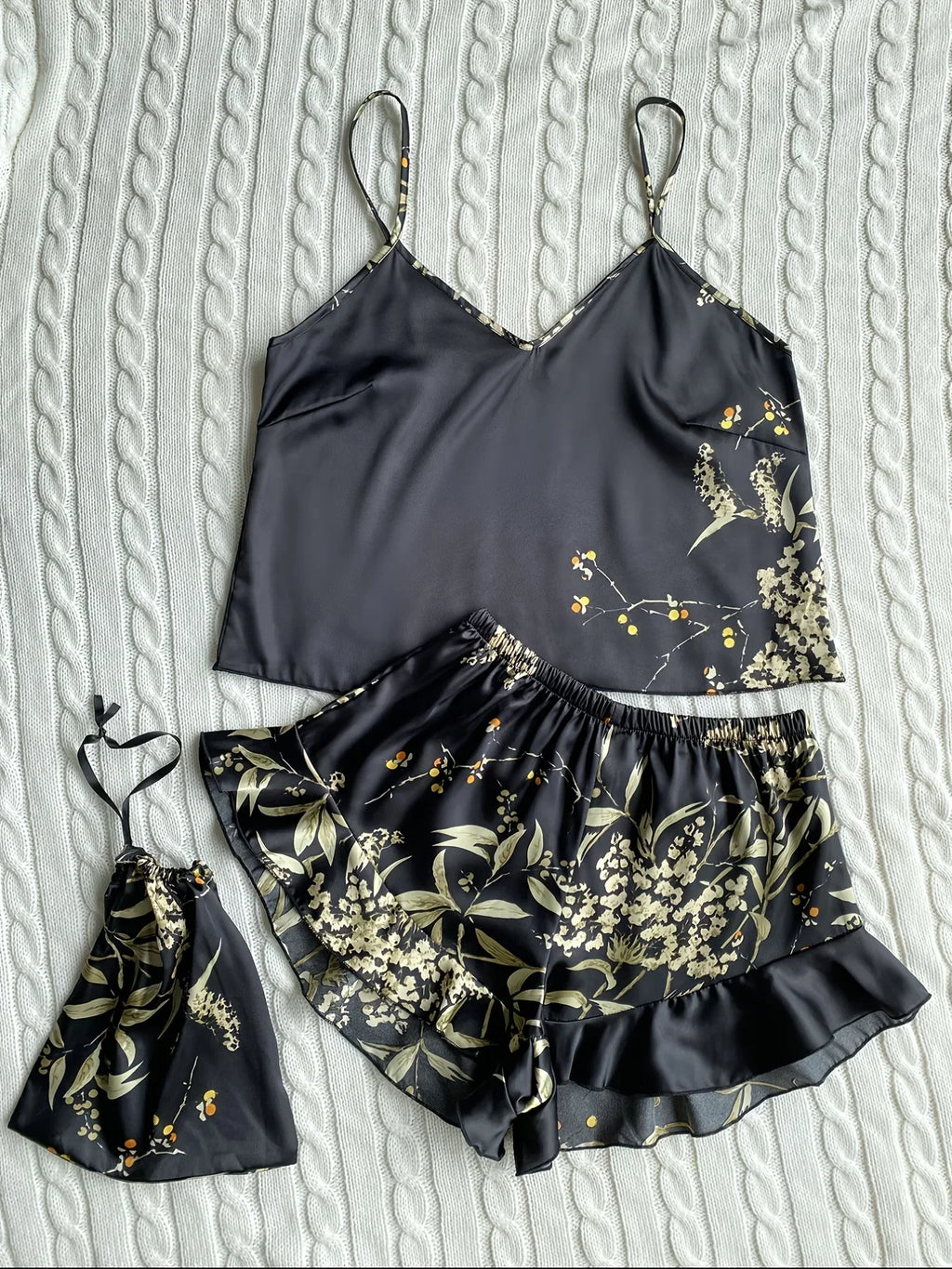 Summer Elegant  Print Cami Tops Ruffle Hem Shorts Pajama Set  Women's Sleepwear V Neck Strap Loungewear