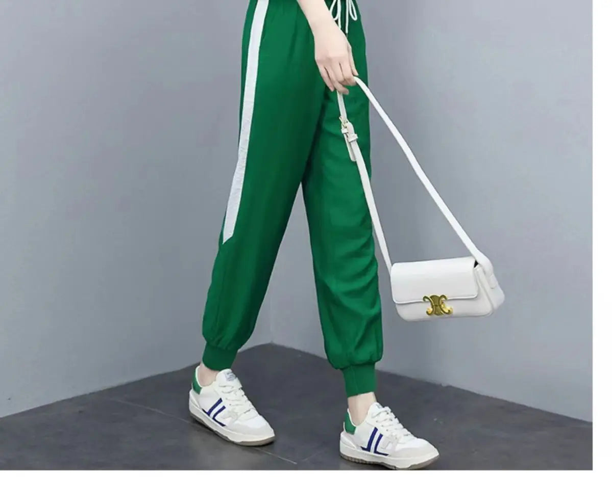 2 Piece Sets Women 2024 Summer Fashion Contrast Color Half Zipper Short Sleeve Tops Casual Pockets Sports Joggers Pants Outfits