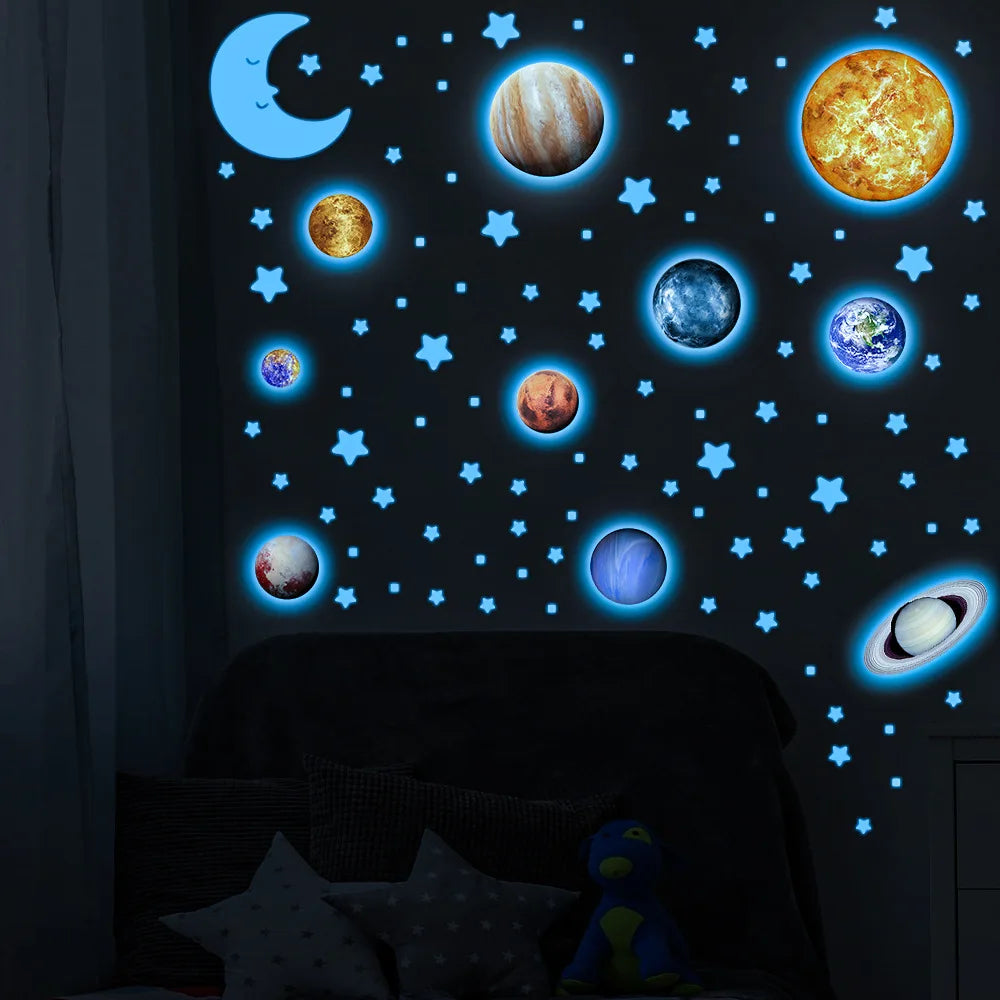 Glow in The Dark Planets Wall Stickers Kids Bedroom DIY Luminous Stars Decals Mural Self-adhesive Room Ceiling Aesthetic Decor