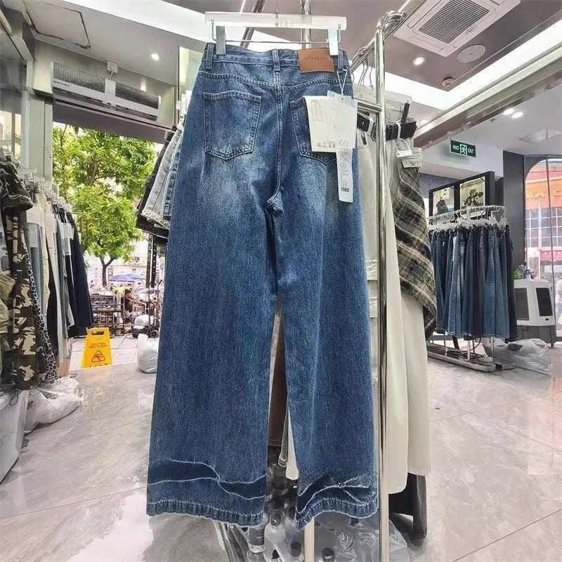 2026 Korean Style Fashion American Vintage Denim Pants Women High Waist Irregular Jeans Trouser Loose Wide Leg Trousers Retro