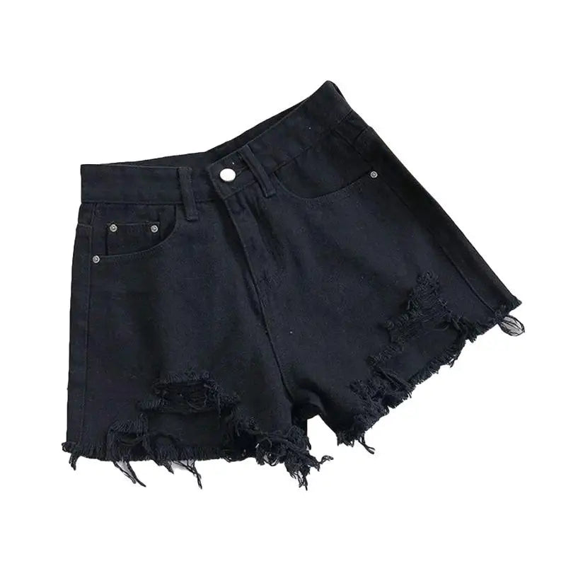 Women High Waist Ripped Denim Shorts Korean Y2K Streetwear Tassel Pocket Summer Casual Blue Jeans Pants Fashion Street Trousers