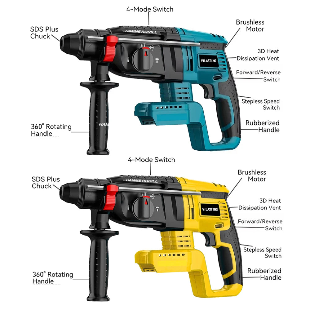 VILASTING 26MM Brushless Electric Hammer Drill Multifunctional Rotary Cordless Power Tools For Makita/Dewalt 18V Battery Pin