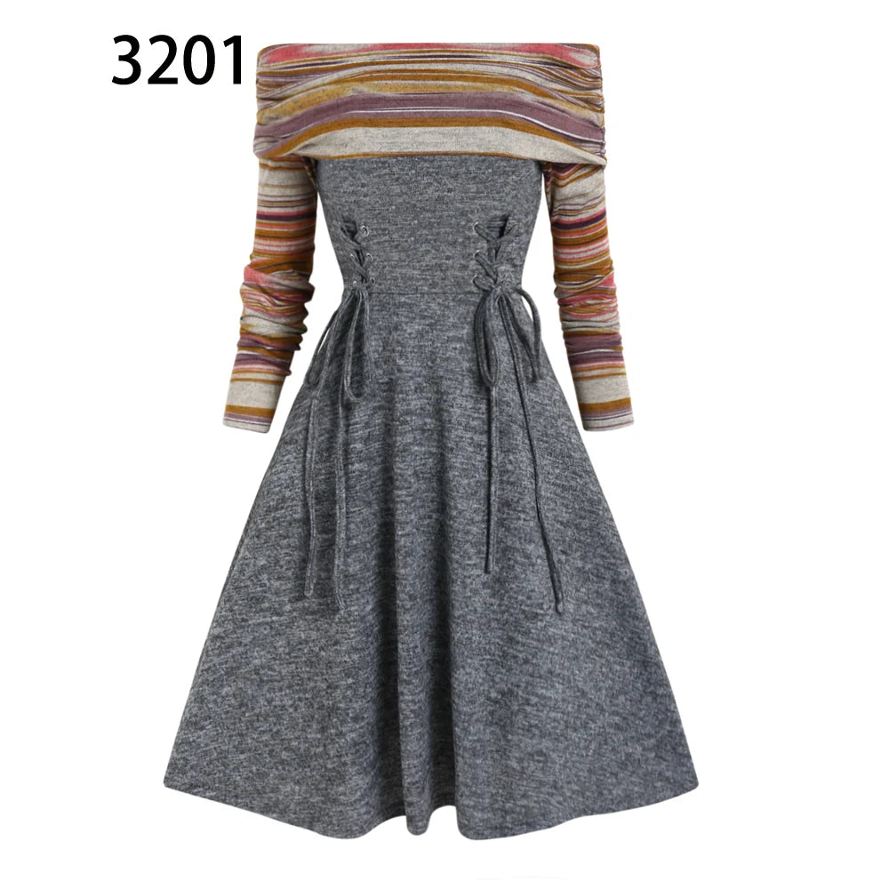 Convertible Cinched Striped Flare Dress Foldover Off The Shoulder Knitted Dresses Women 2023 Long Sleeve Jurken
