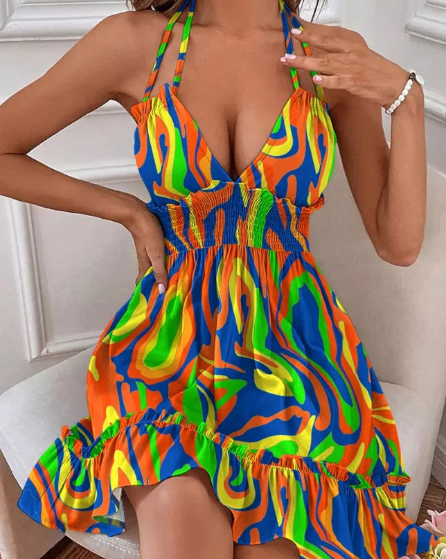 Women Summer Halter Deep V Neck Sundress Sexy Backless Ruffled Smocked Short Dress Waist Open Back Dress Mini Skater Dress 2024