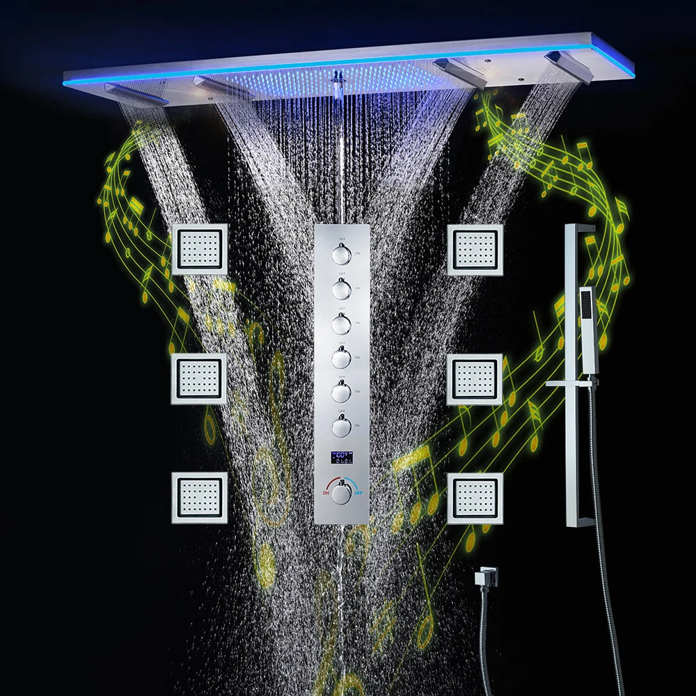 M Boenn 47*12 Inch LED lighting Large Black Shower Head Rainfall Bathroom Faucet Hot Cold Shower System Set Smart Showers Mixer