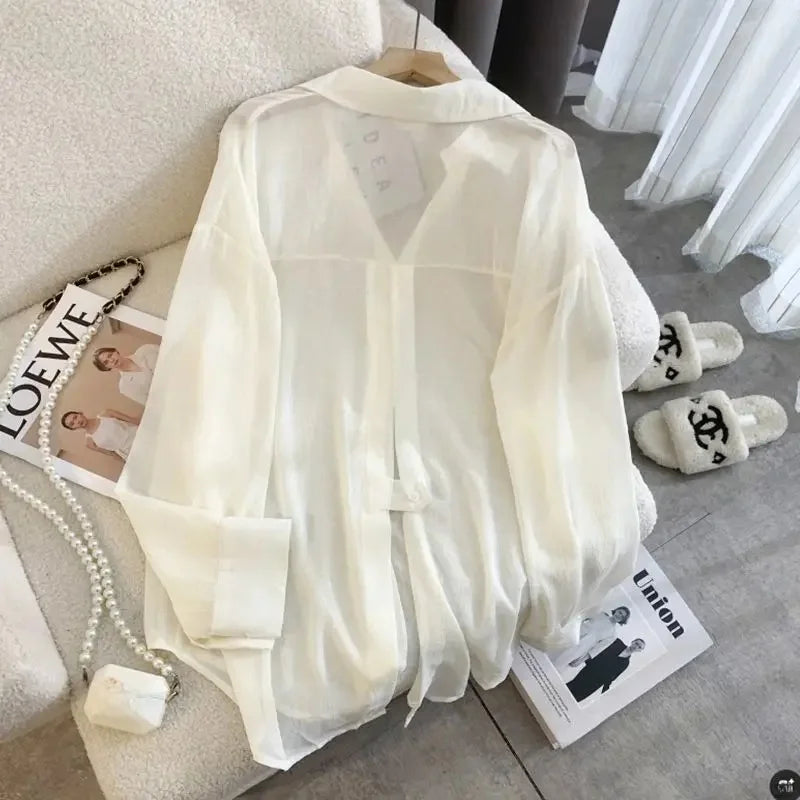 Fashion Back Slit Chiffon Sun Protection Blouse Women Summer New Loose Thin Tops Y2K Korean Chic Long Sleeve Lapel Shirts