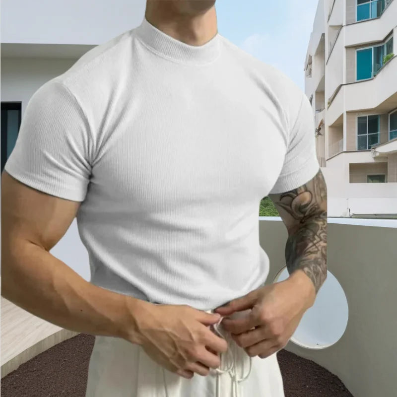 Spring Summer Elastic Comfortable Men's T-Shirt Small High Collar Stripe Shirt Short Sleeve Fitness tops Sports Casual T-Shirt
