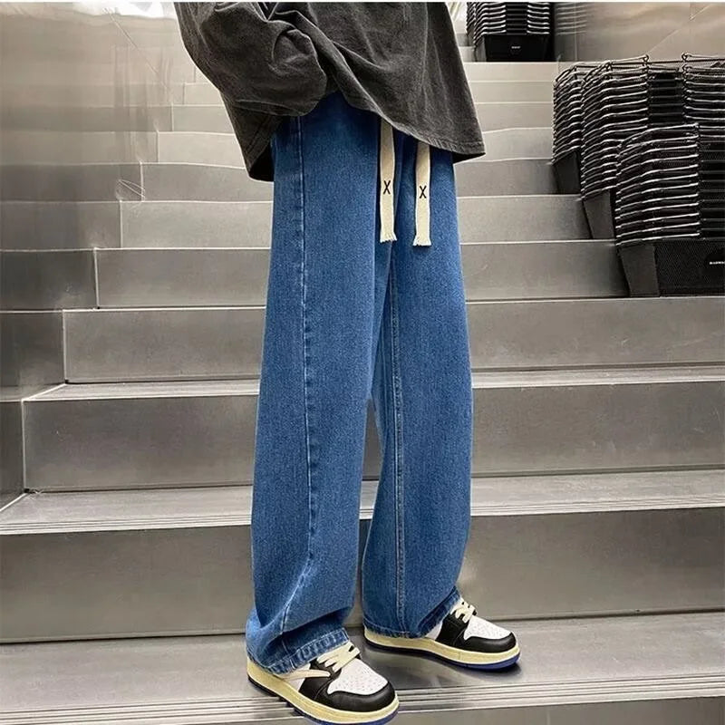 Black Vintage Men Jeans Spring Trend Straight Elastic Waist Wide Leg Denim Pants Male Daily High Street Comfortable Trousers